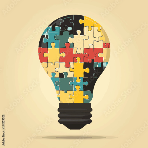 Light bulb made of puzzle pieces as idea concept. Flat style illustration. Isolated