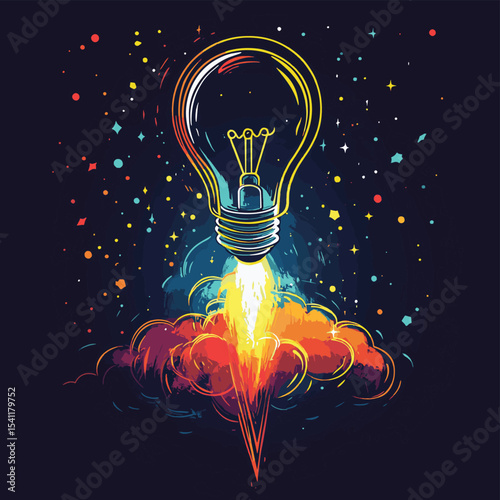 One continuous line drawing of light bulb ready to take off to space logo emblem