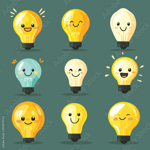 Yellow Light Bulb Cartoon Characters Set Collection , vector style simple color
