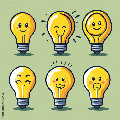 Yellow Light Bulb Cartoon Characters Set Collection , vector style simple color