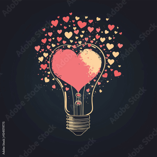 Bright burning light bulb with love concept