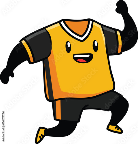 Cartoon happy soccer player in orange jersey celebrating victory with raised fist and smiling face vector illustration 