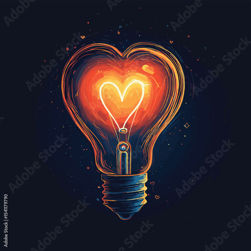 Heart inside light bulb, vector style simple color