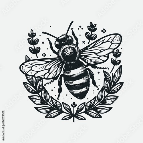 Creative vintage style Honey bee editable vector logo. Hand drawn engraving style bee illustrations.