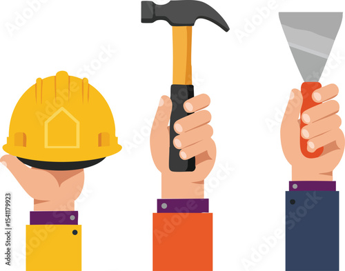 Construction worker hands holding yellow hard hat hammer and putty knife tools vector illustration 