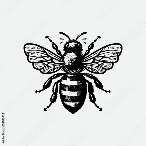 Creative vintage style Honey bee editable vector logo. Hand drawn engraving style bee illustrations.