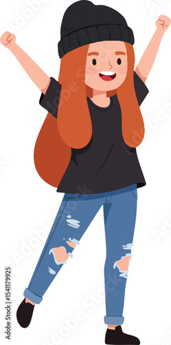 Happy girl with red hair wearing black beanie and ripped blue jeans celebrating joyfully vector illustration 