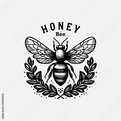 Creative vintage style Honey bee editable vector logo. Hand drawn engraving style bee illustrations.