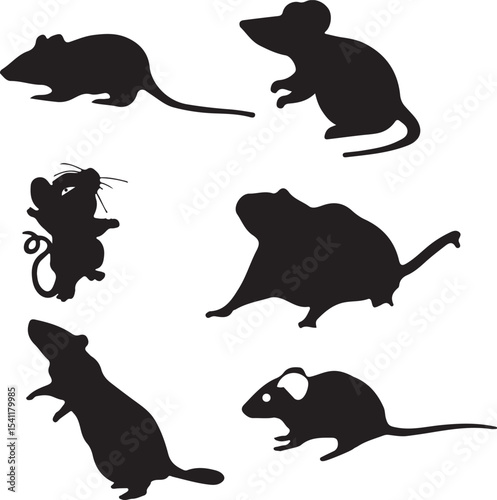 Set of black animal silhouettes including mouse  in vector style