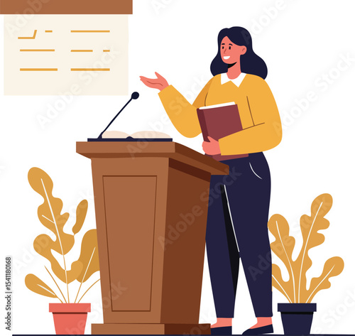 Woman giving presentation at podium with plants and projection screen vector illustration 
