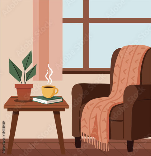 Cozy living room scene with brown armchair, orange blanket, green plant, wooden side table, and steaming cup of coffee vector illustration 