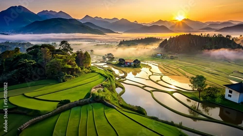 Serene Sunrise Over Lush Green Rice Terraces and Tranquil Water Reflections