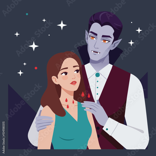 Vampire with purple skin embracing woman with blood drops Halloween vector illustration in dark background 