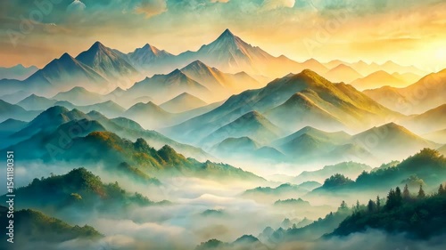 Serene mountain vista with rolling hills and misty valleys bathed in golden light
