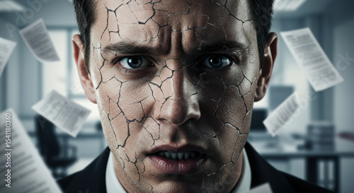 Closeup of a male corporate worker with cracked skin symbolizing deadline pressure and burnout.