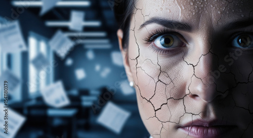 Closeup of businesswoman with cracked skin from intense deadline pressure and burnout.