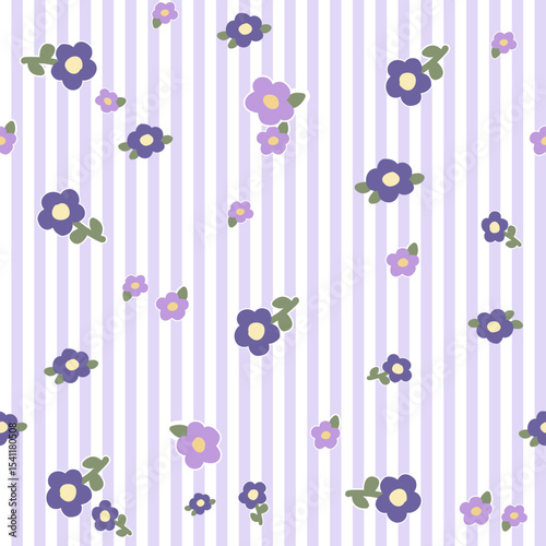 Vector pattern of fabric, wallpaper, wrapping paper, mats and bed sheets. Continuous and repeatable. Designed with stripes and alternating flowers in a cute style.