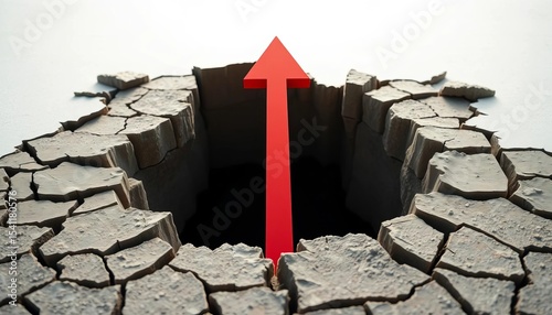 Upward trending arrow breaking through cracked ground, symbolizing business recovery, elevation, challenge