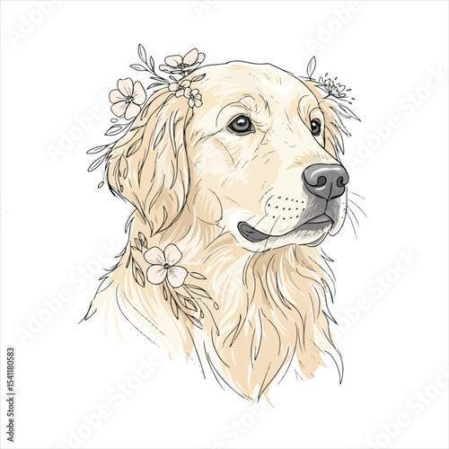head golden retriever with flower leaf line art vector illustration isolated on background , illustration, drawing, art, vector, animal, isolated, cute, dog, design, line, pet, graphic, breed, 