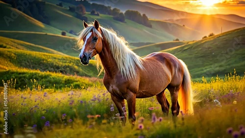 Golden Horse in a Field of Wildflowers at Sunset