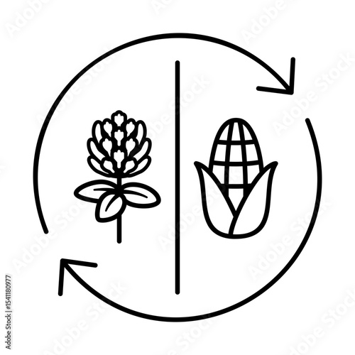 Crop rotation icon: red clover + corn. Sustainable farming, soil health, cover crops, agriculture and food systems. Vector illustration.