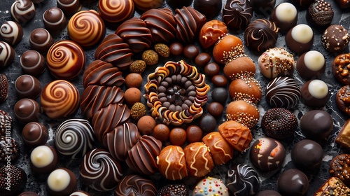 Circular swirl of assorted bonbons and caramels forming a kaleidoscopic edible pattern
