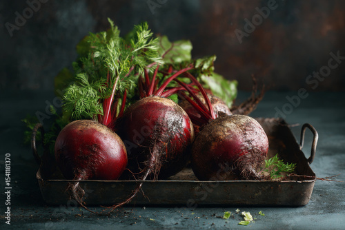 Fresh beetroot stems and soil on tray looks beautiful