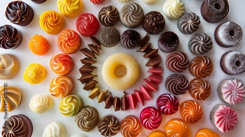Circular swirl of assorted bonbons and caramels forming a kaleidoscopic edible pattern