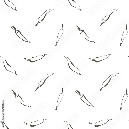 Dark green jalapeno pepper seamless pattern on white background in minimal line art style for kitchen decor or food packaging