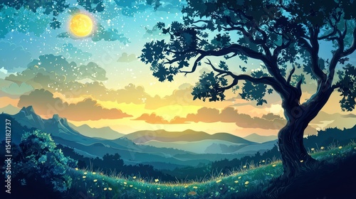 A serene, tranquil mountain landscape with a large tree, a moon, and a starry sky, set against a vibrant, colorful, and lush green meadow with wildflowers.