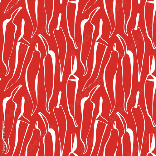 Seamless hand drawn chili pepper pattern in minimal red line art perfect for packaging surface design or kitchen decor