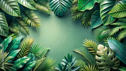 Lush Green Tropical Leaves Frame a Serene Background for Text or Graphics