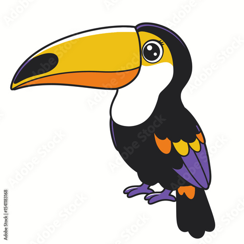Vector illustration of toucan bird in cartoon flat style. Single colorful tropical bird wildlife animal. Pet Ramparts toco isolated for digital resources, icon, logo, etc