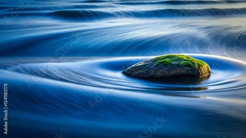 Serene blue water flows around a mossy rock, creating mesmerizing ripples in its wake.