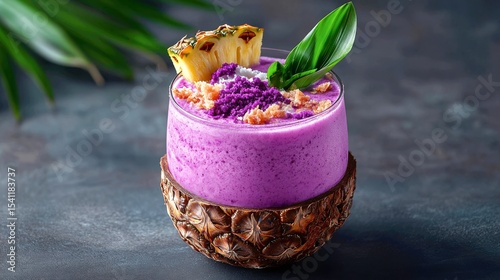 A vibrant purple cocktail mixing ube (purple yam) rum, coconut cream, and pineapple juice, served in a hollowed pineapple with a toasted coconut rim