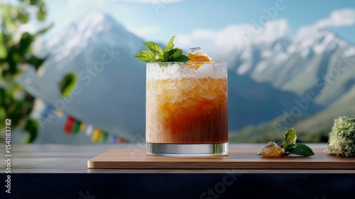 A rich cocktail combining yak butter-washed whisky, honey, and Sichuan peppercorn bitters, served in a hand-carved wooden mug