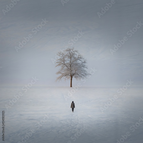 Solitary figure walking towards a lone tree in a snowy field