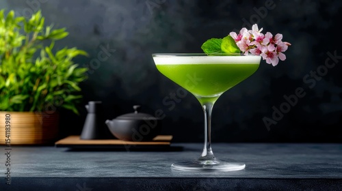 A sleek martini glass holds a vibrant green matcha cocktail, garnished with a delicate cherry blossom