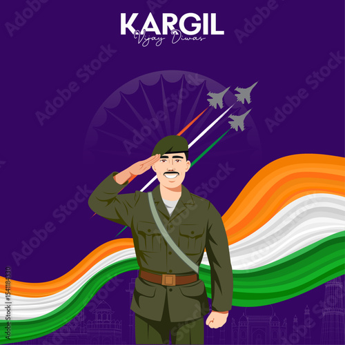 Kargil Vijay Diwas: Soldier's salute, Indian flag, and fighter jets