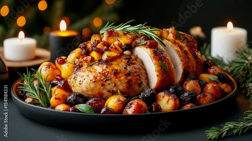 Golden turkey with apples and chestnuts on a platter, garnished with rosemary sprigs