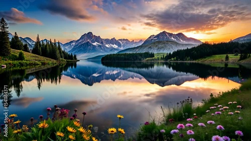 Serene Mountain Lake Reflecting a Vibrant Sunset Sky with Wildflowers in Bloom