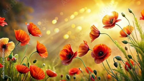 Red Poppies Sway Gently in the Warm Glow of the Golden Hour Sun