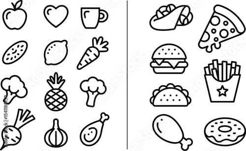 Healthy food versus unhealthy food icons vector illustration diet and nutrition comparison concept design editable stock vector illustration