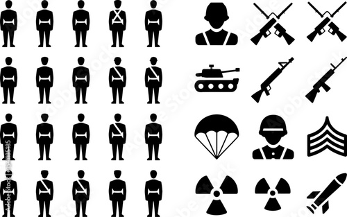 Military army soldiers weapons tank rocket parachute radiation hazard war vector icons set black and white editable stock vector illustration