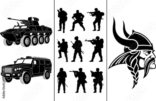 Military vehicles soldiers viking warrior silhouette vector illustration black and white design editable stock vector illustration