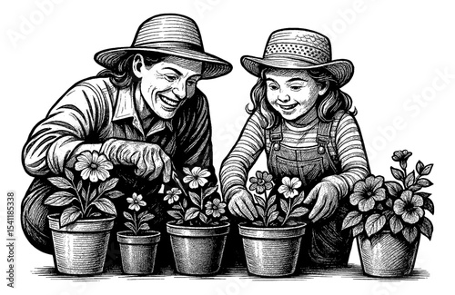 Happy woman and child gardening together planting flowers in pots line art