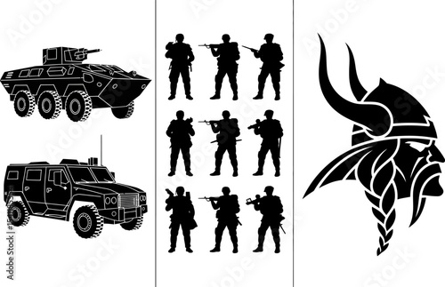 Military vehicles soldiers viking warrior vector graphics black and white army war combat security force 100 char editable stock vector illustration