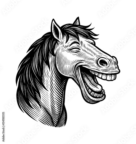 Engraved Illustration of Laughing Horse Head in Black and White with Open Mouth