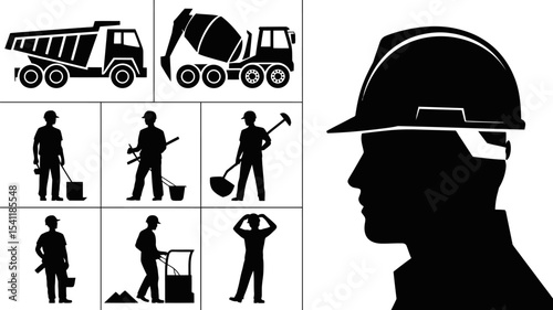 Construction worker silhouette vector art featuring trucks and equipment for building and labor tasks editable stock vector illustration