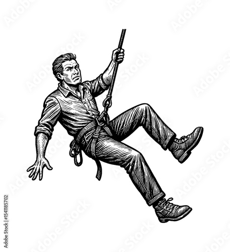 Man Suspended by Rope, Wearing Safety Harness, Engraving Style Black and White Illustration